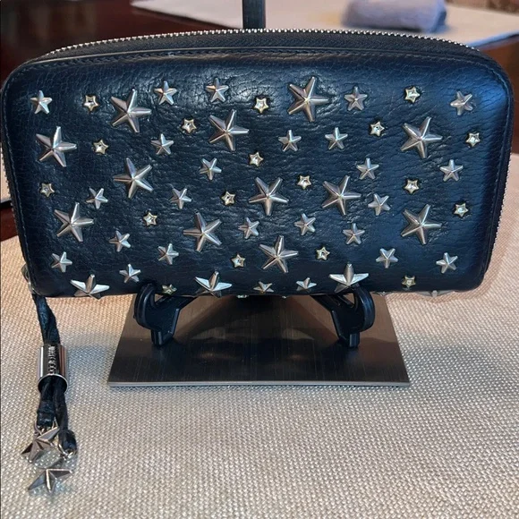 Jimmy Choo Black Leather Star-Stud Zip Wristlet GUC leather is so nice - Picture 4 of 11